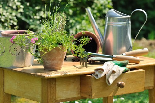 Modern Boundsgreen garden design with paths and greenery
